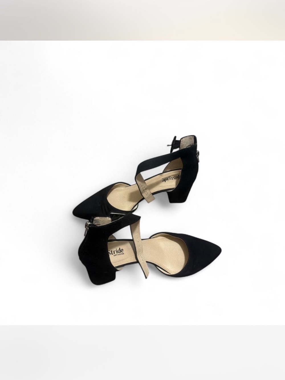 Life Stride Black Pointed Toe Block Heel Pumps with Ankle Strap